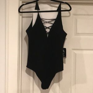 New Express Large Black Bodysuit lace up front low V in back